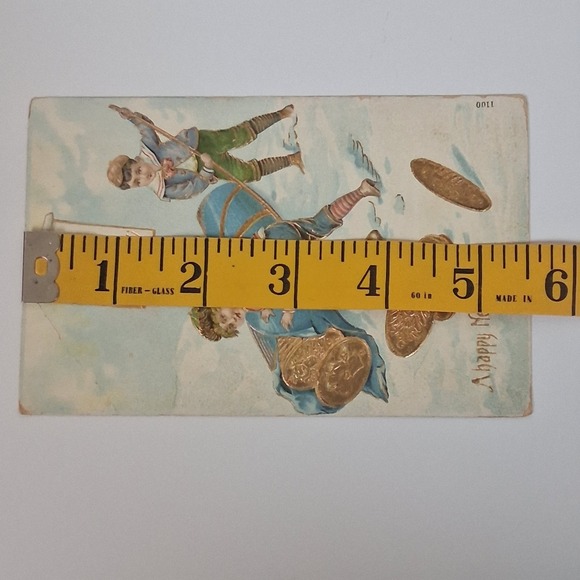 Antique 1 January New Year Postcard Germany Kids Sled Gold Embossed Gilt - Picture 8 of 8